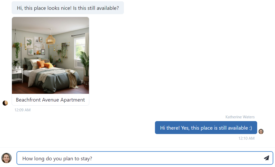 In-app messaging conversation between a tenant and property manager discussing the availability of a Beachfront Avenue Apartment, with an image of the apartment displayed.