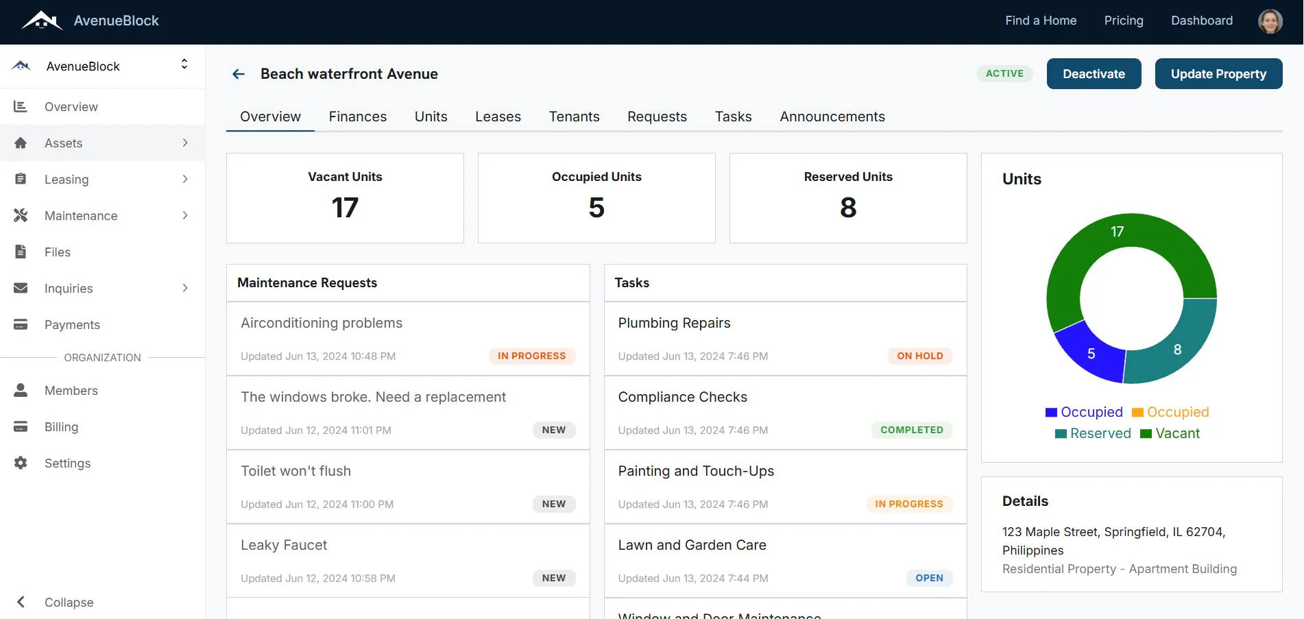 AvenueBlock property dashboard showing units, maintenance requests, tasks, and property details