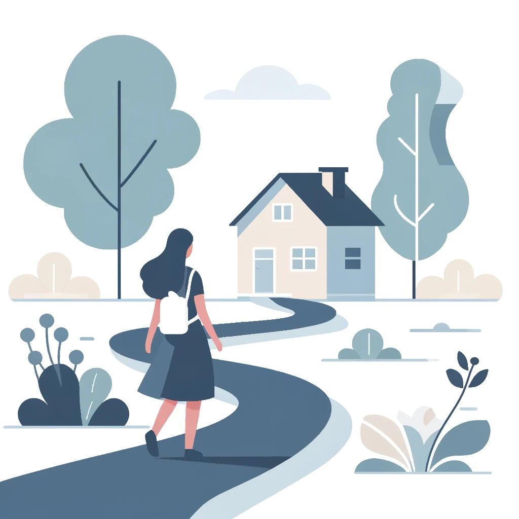 Illustration of a woman walking down a winding path towards a house, representing a simplified and guided tenant journey in a serene, nature-inspired setting.